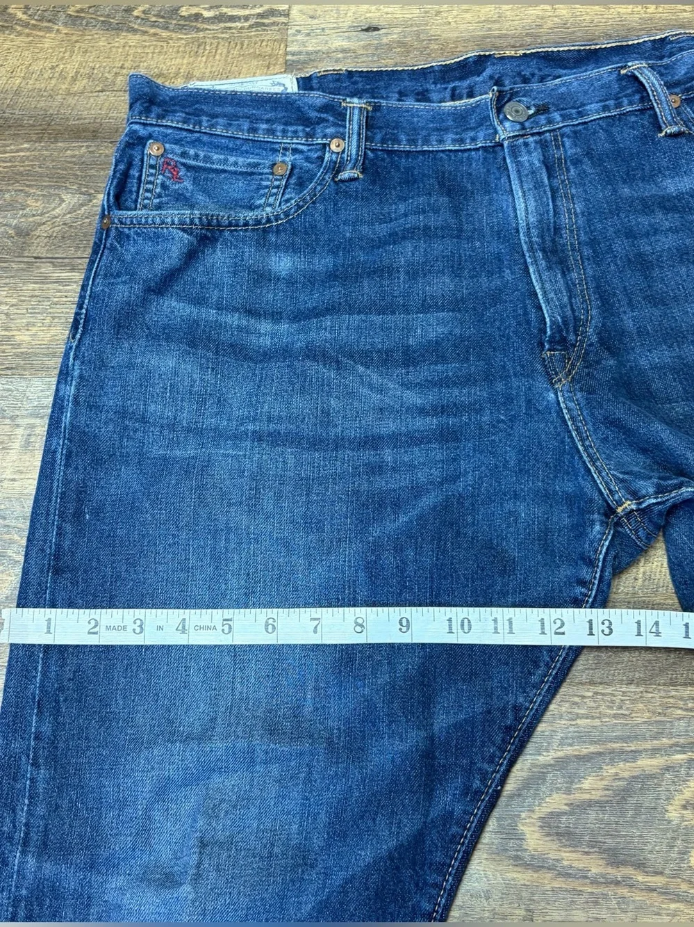 Polo Ralph Lauren Hampton Straight Jeans Men 38x30 Blue Denim Whiskered Distress